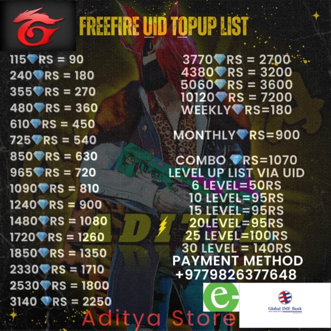 FREE FIRE DIAMOND PRICE LIST