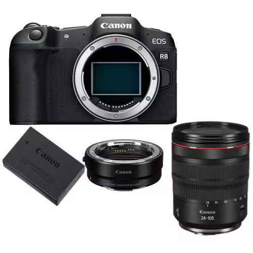 Cámara Canon EOS R8 + Adaptador de montura EF-EOS R + Batería Canon LP-E17 + Objetivo RF 24-105 mm f/4L IS USM