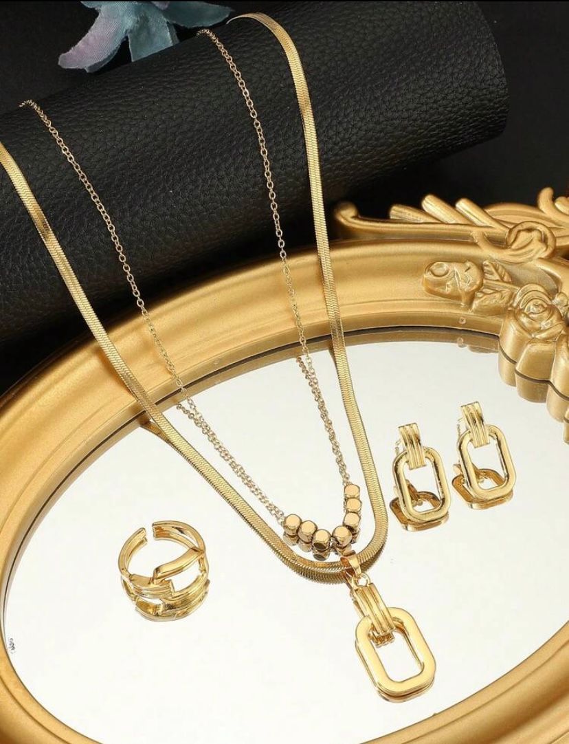 4 Pcs Stainless Steel  Geometric Glossy Pendant  Snake Bone Chain Necklace  + Earrings + Ring set 