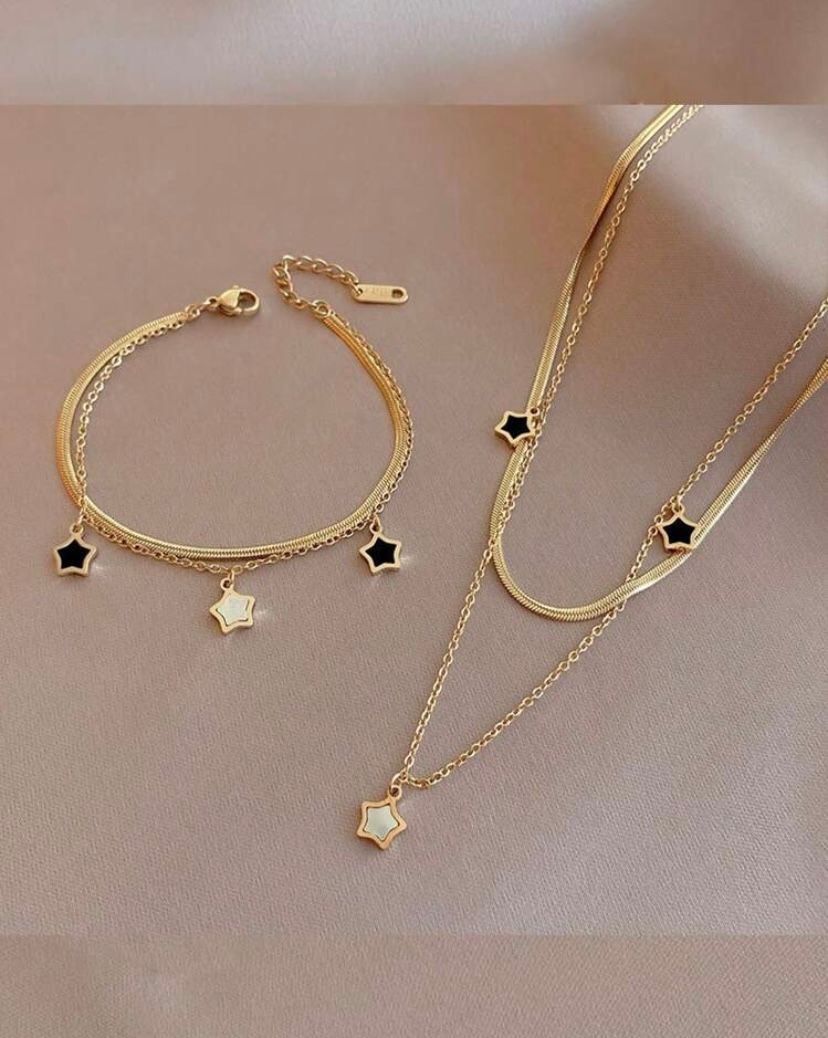 2pcs/Set Stainless Steel  Double-Layered  Pentagram Bracelet  & necklace  