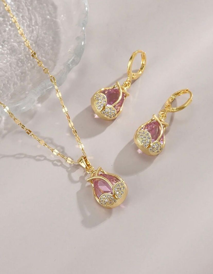 1pc Fashionable  Sparkling Cubic Zirconia  Tulip Stainless Steel  Women Jewelry  Necklace & earrings  