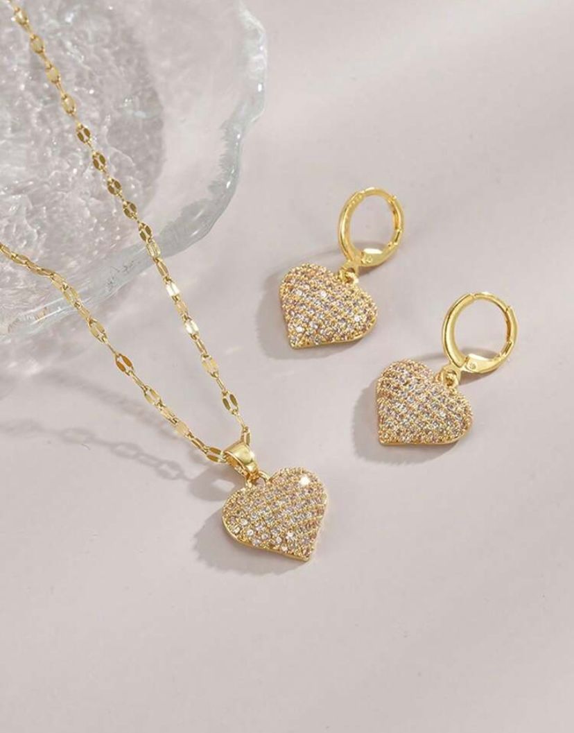 1pc Luxury Fully  Rhinestone Heart  Stainless Steel Necklace  & earrings  