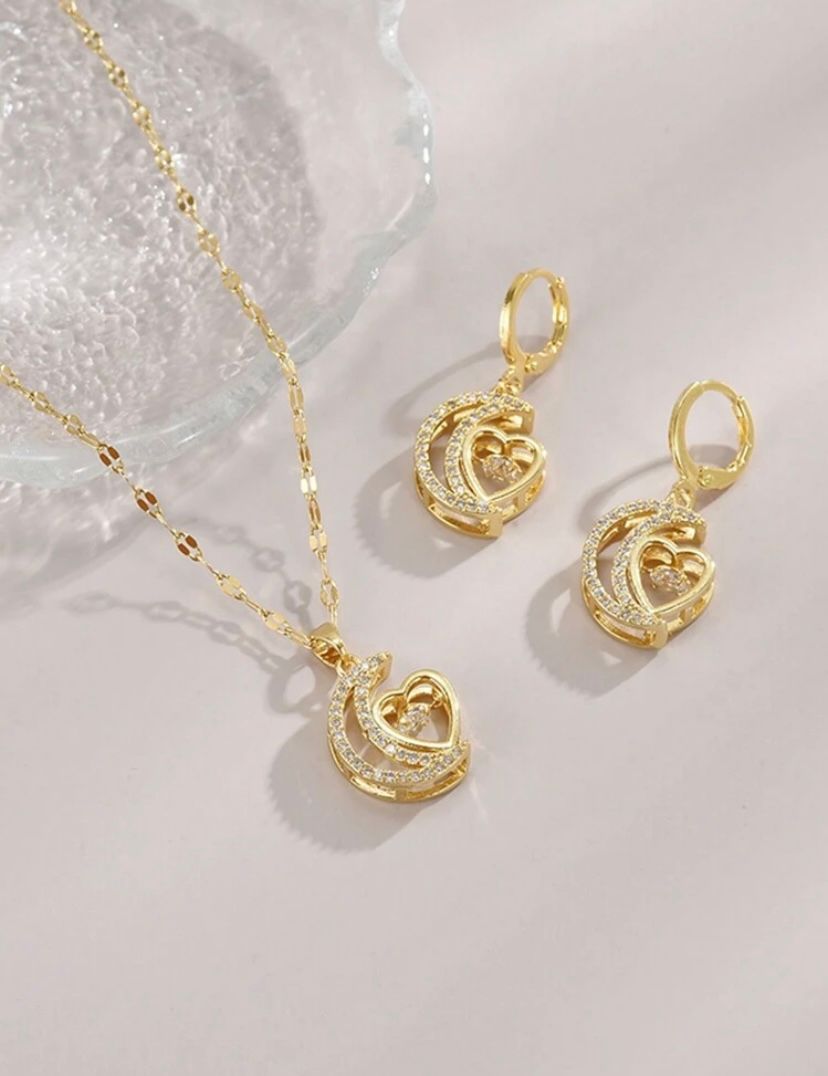 1pc Stainless Steel  Necklace With Crystal  Heart & Moon Pendant  & earrings  