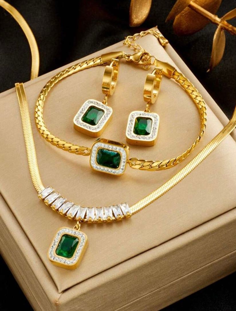 Stainless Steel Elegant  Design Green Fully  Decorated Pendant  Necklace + Bracelet + Earrings 