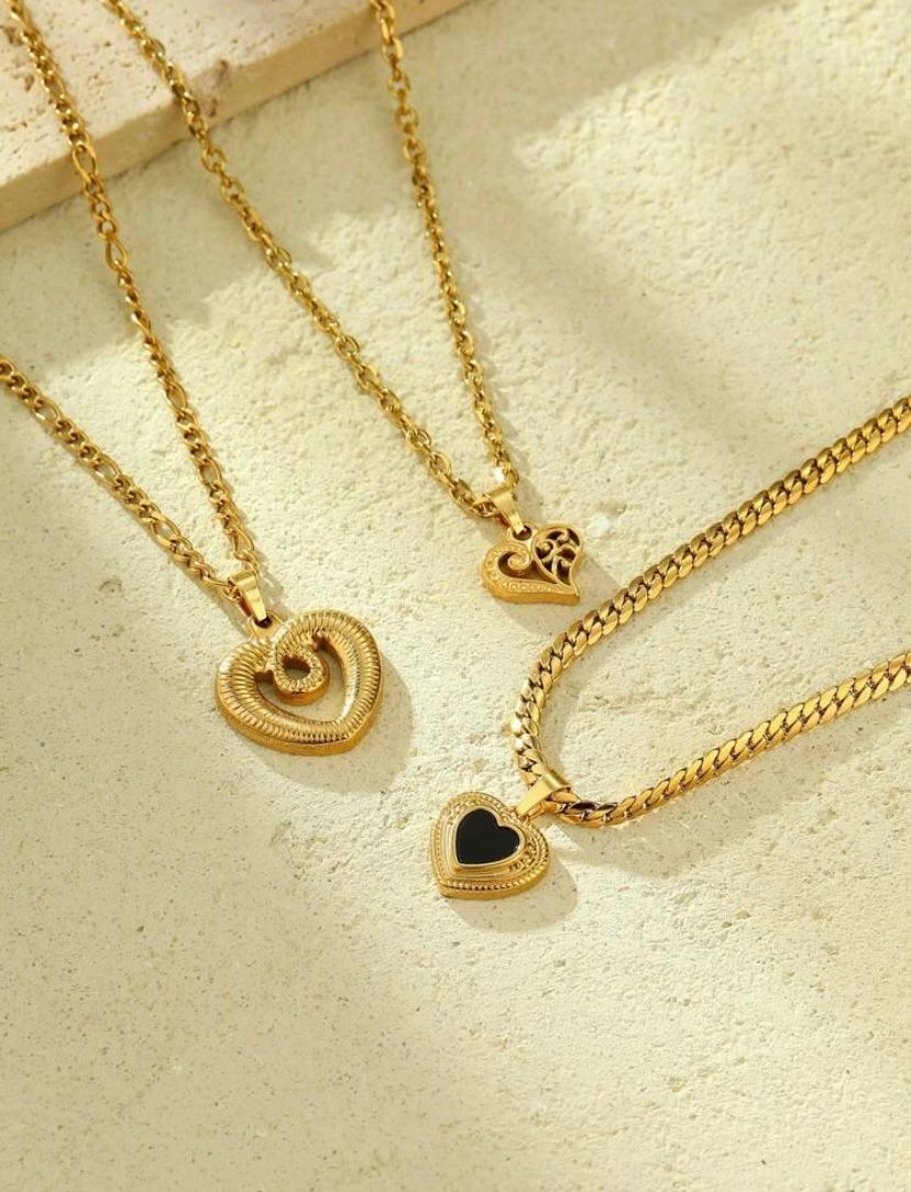 3pcs Stainless Steel  Black Oil Drop Love,  Hollow Love,  Love Corner Necklace Set