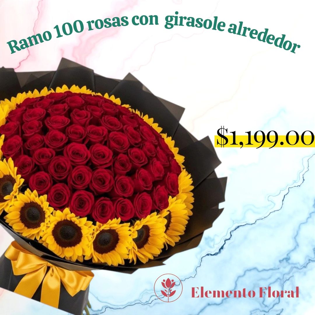 RAMO DE 100 ROSAS CON GIRASOL ALREDEDOR