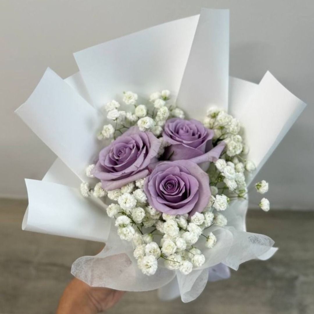 3 Fresh Purple Roses with baby breath 