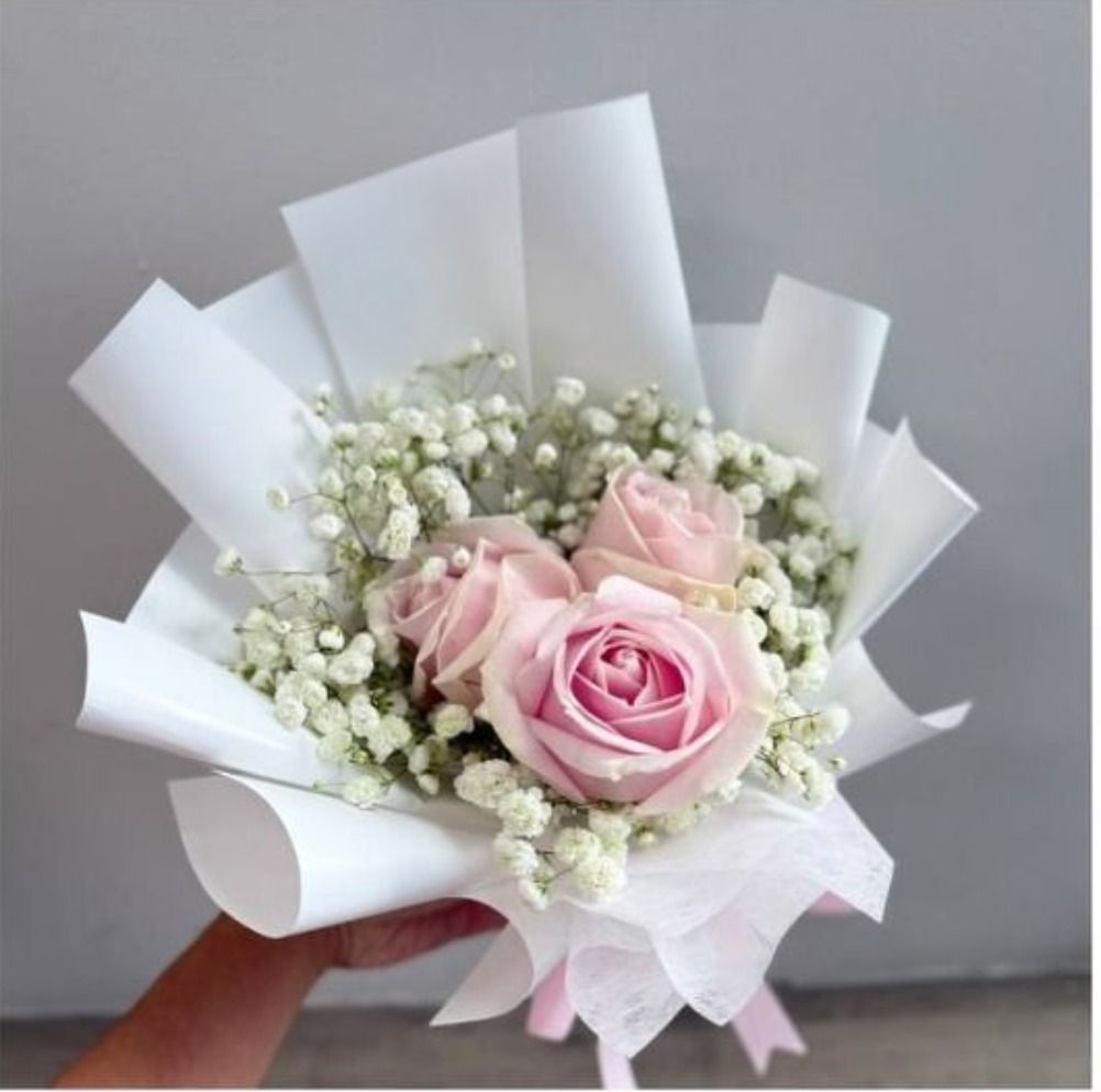 3 Fresh Pink Roses with baby breath