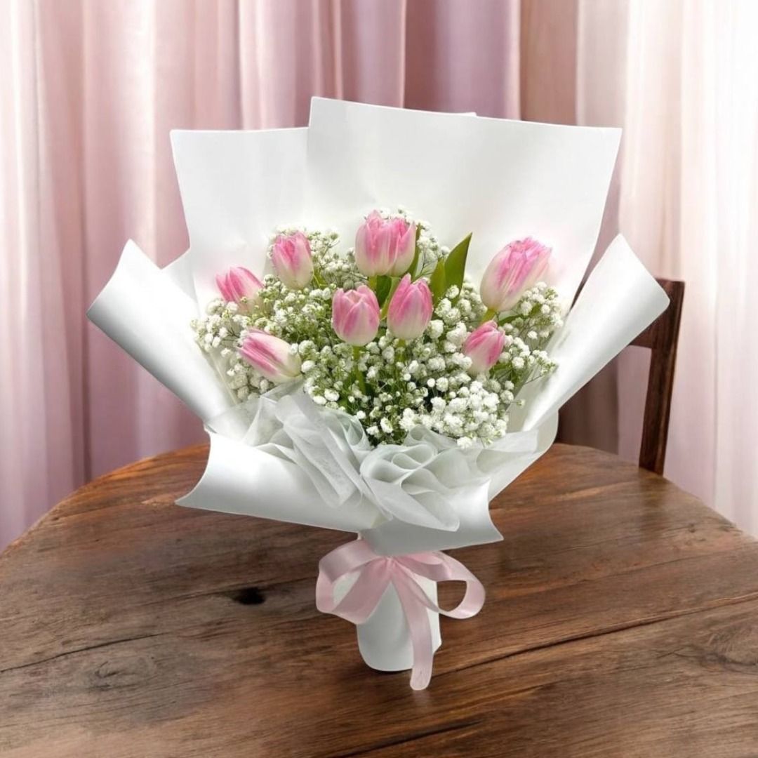 Pink Tulips with Baby Breath