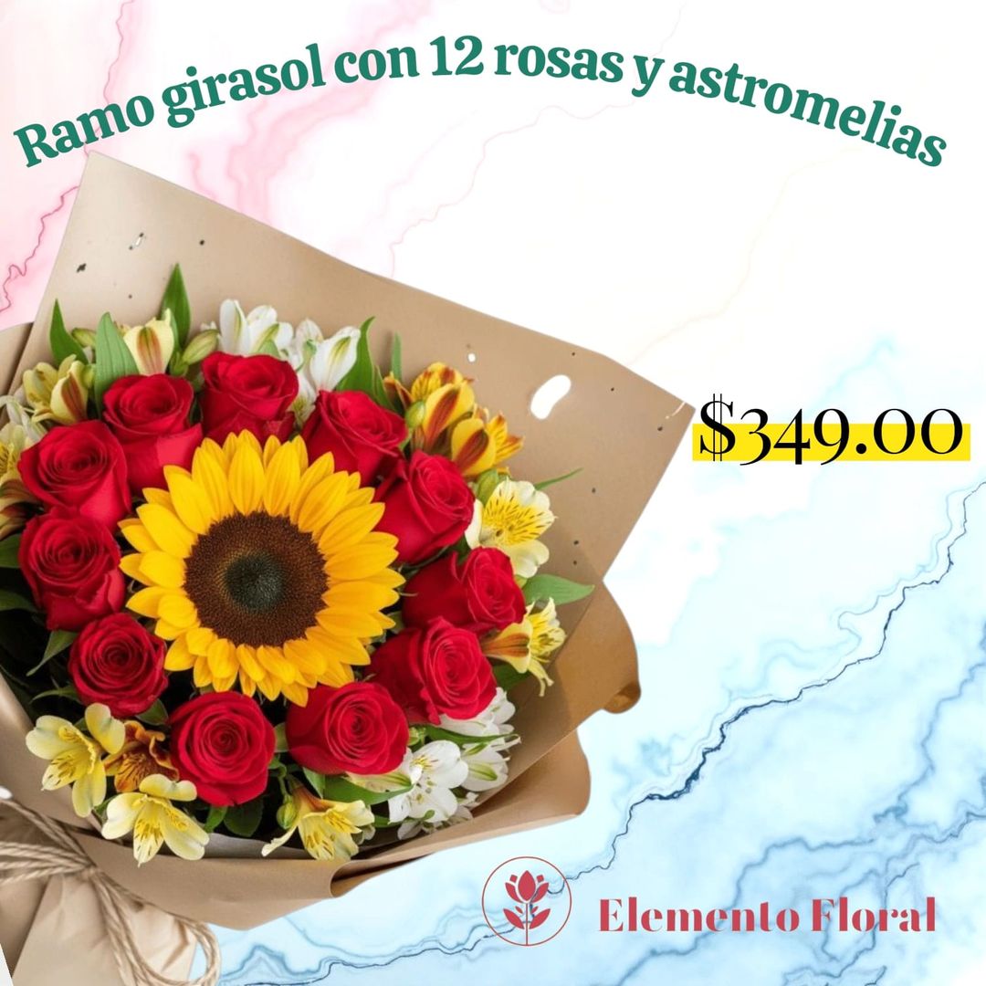 RAMO 1 GIRASOL 12 ROSAS Y ASTROMELIAS