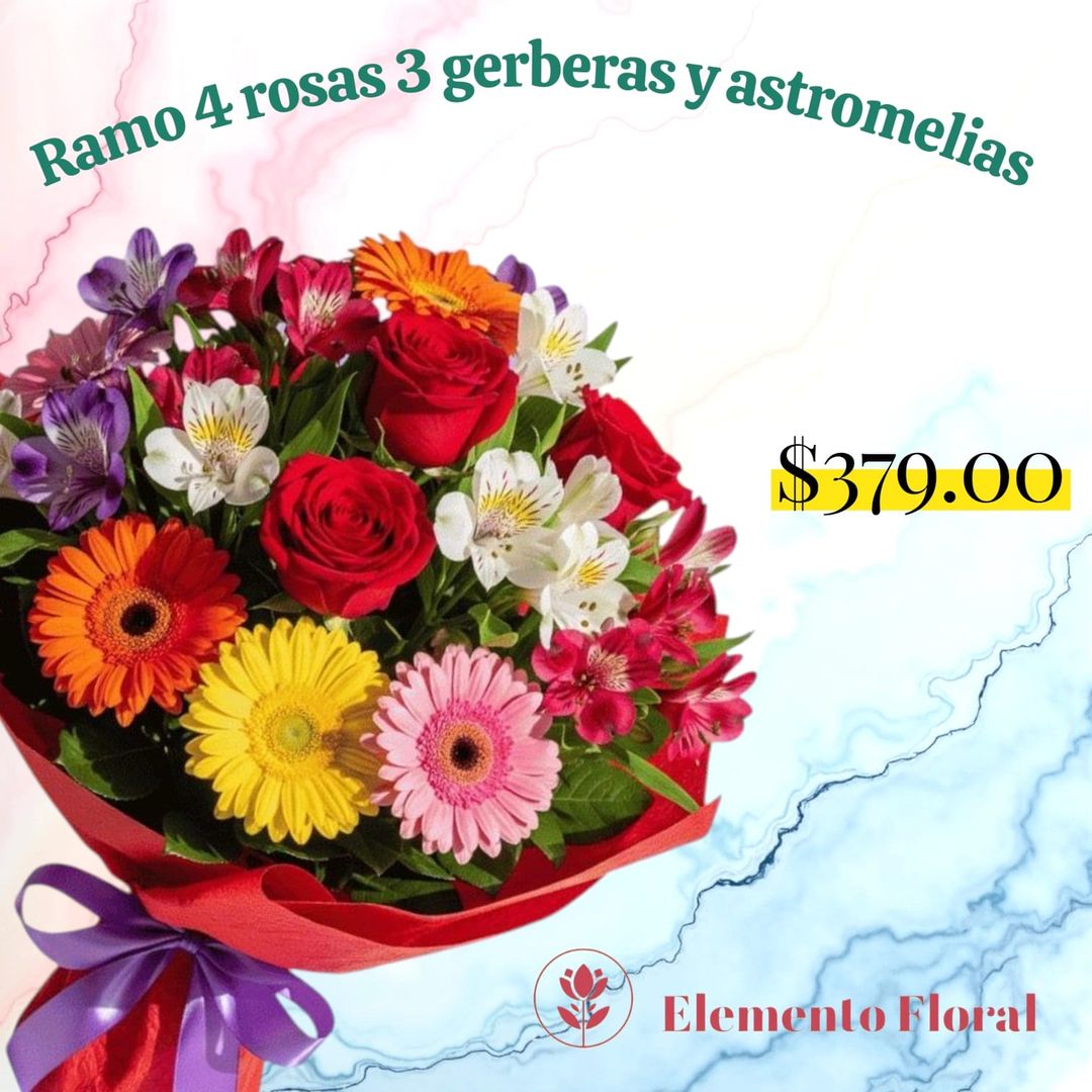RAMO DE 4 ROSAS 3 GERBERAS Y ASTROMELIAS