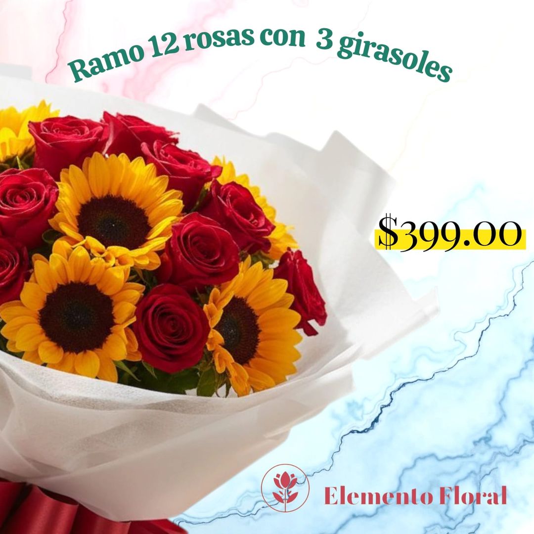 RAMO DE 12 ROSAS Y 3 GIRASOLES