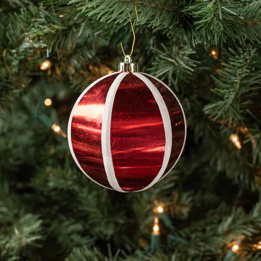 4" Segmented Stripe Ball Ornament: Red & White (Set of 2)