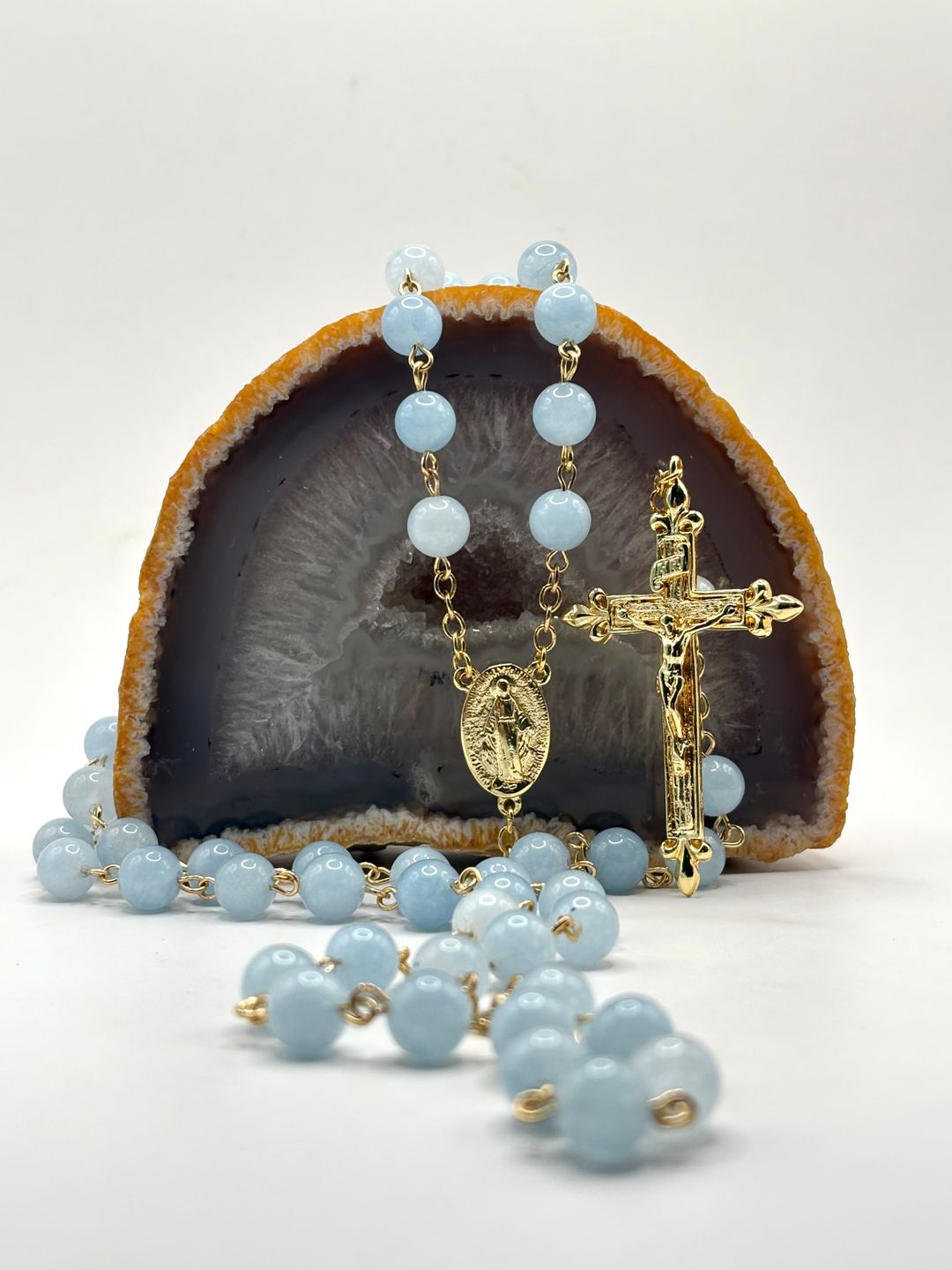 Rosario de Jade Aguamarina Laminado en oro 18k