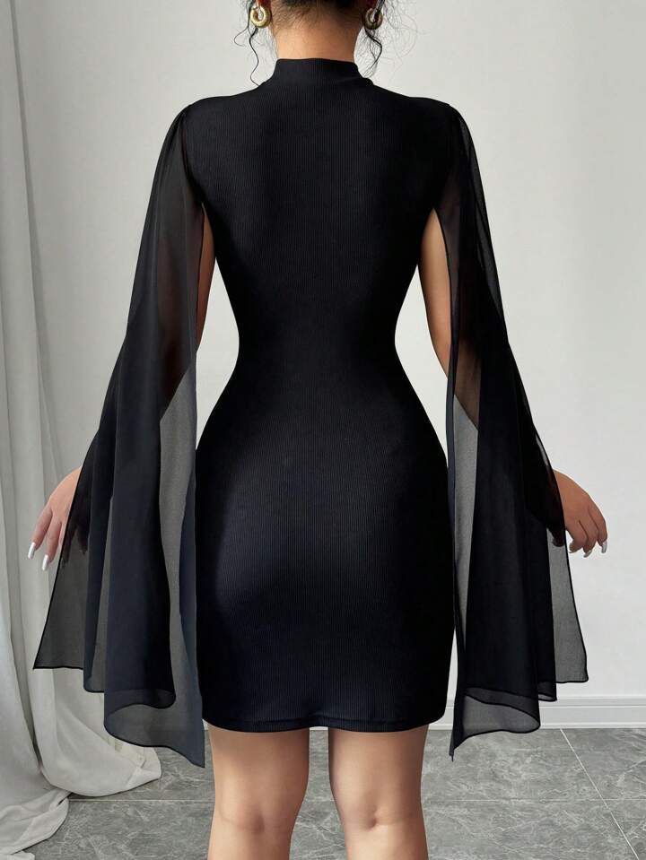BLACK CAPE SLEEVE BODYCON DRESS
