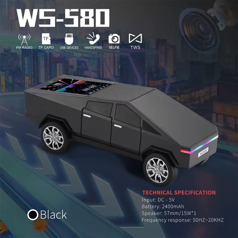 WS-580 Bluetooth Pickup Truck Replica Portable Speaker,with Display Screen,HD Sound, TWS Pairing, FM Radio,Built-in Microphone Hands-Free Calling, LED Party Light, Surprise Gift for Car Lovers(Gray)