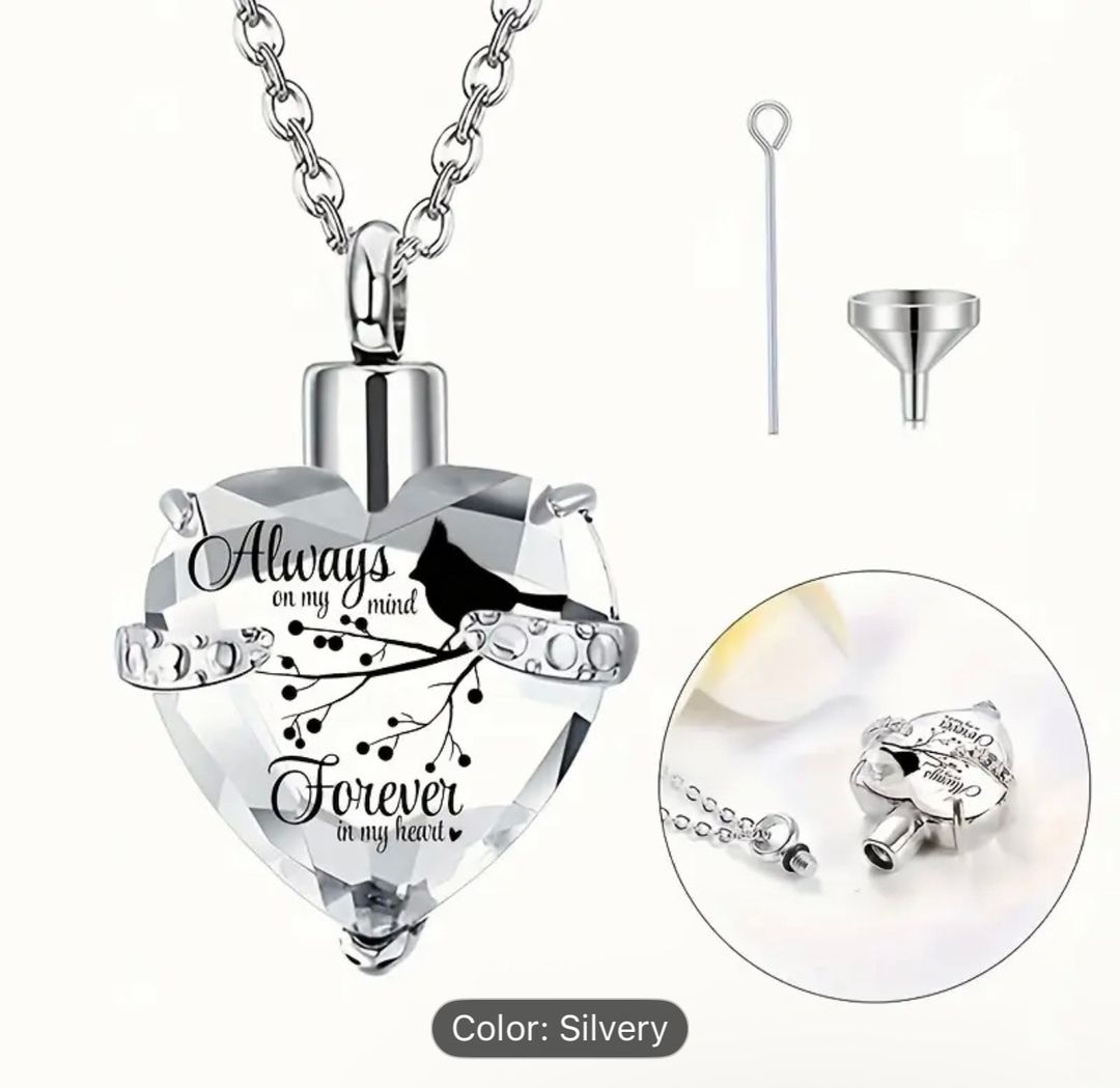 Eternal Love Crystal Heart Urn Necklace - Stainless Steel Cremation Jewelry for Ashes