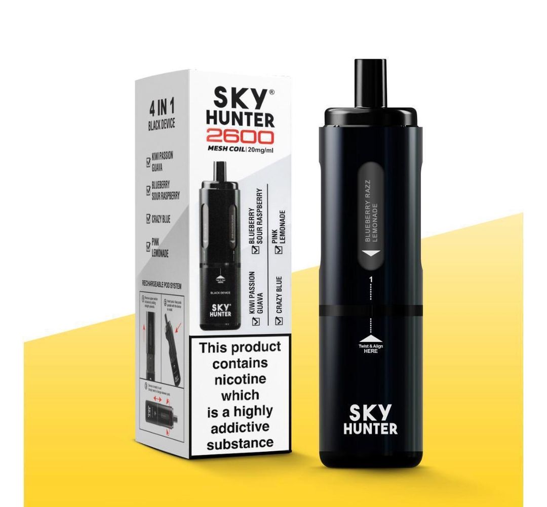 2 cases Sky Hunter 4in1 twist slim 2600 rechargeable vape 5x20mg - black device  BBE 13/12/25 