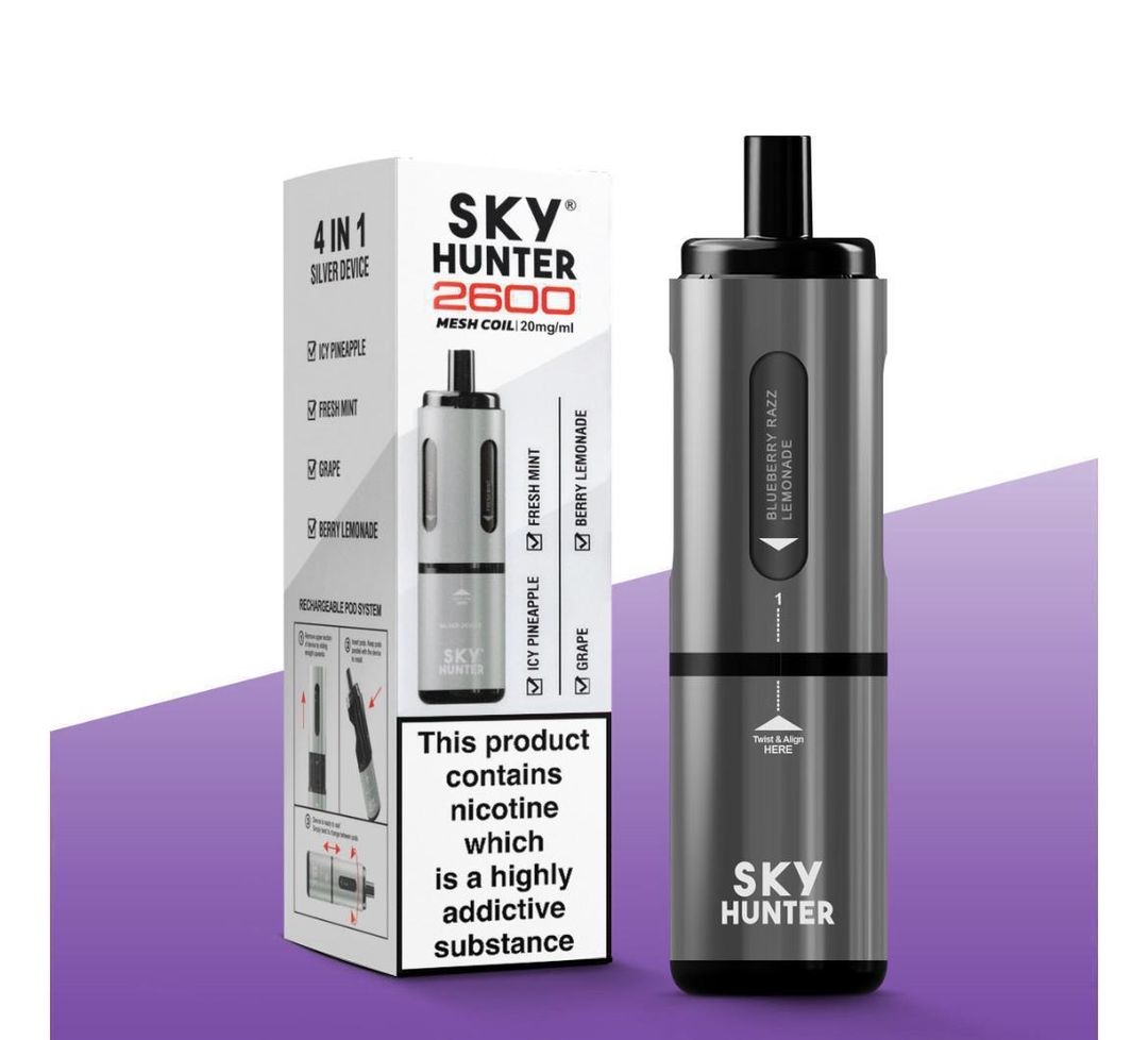 2 cases Sky Hunter 4in1 twist slim 2600 rechargeable vape 5x20mg - Silver device  BBE 13/12/25 