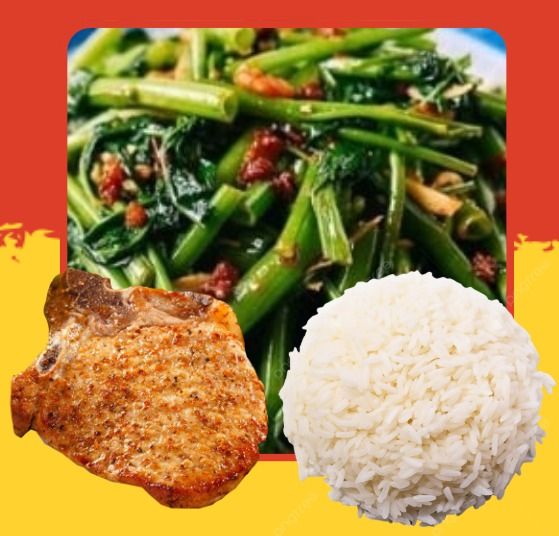 Adobong Kangkong, Pork Chop, and Steamed Rice