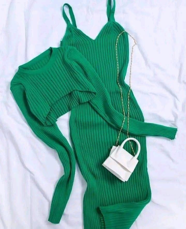 Ribbed Knit Dress + Cardigan Set with Mini Handbag