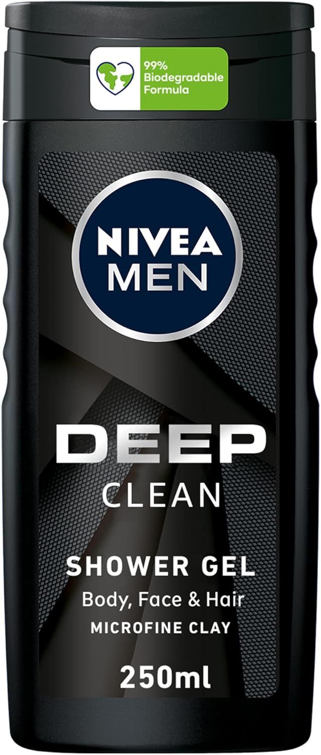 NIVEA MEN 3in1 Shower Gel Body Wash, DEEP Micro-Fine Clay, Woody Scent, 250ml