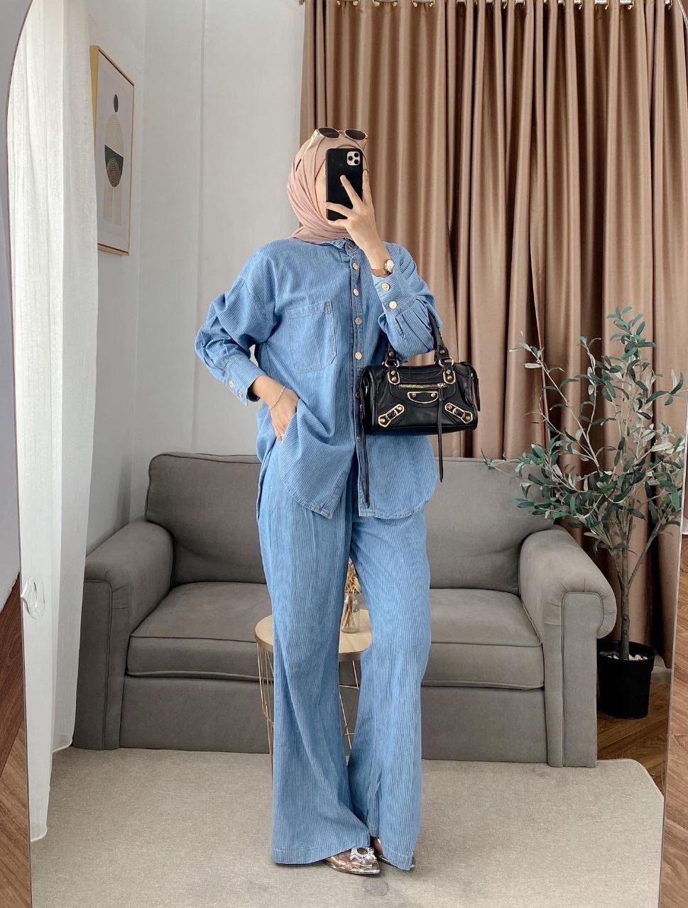 Denim Stripes Buttons Pants Set