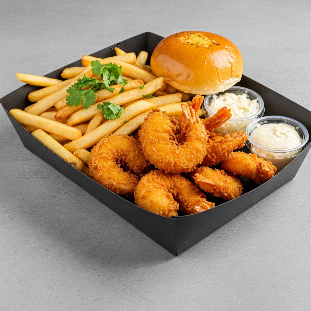 Crispy Fried Shrimps with Garlic Bread, Fries and Coleslaw
