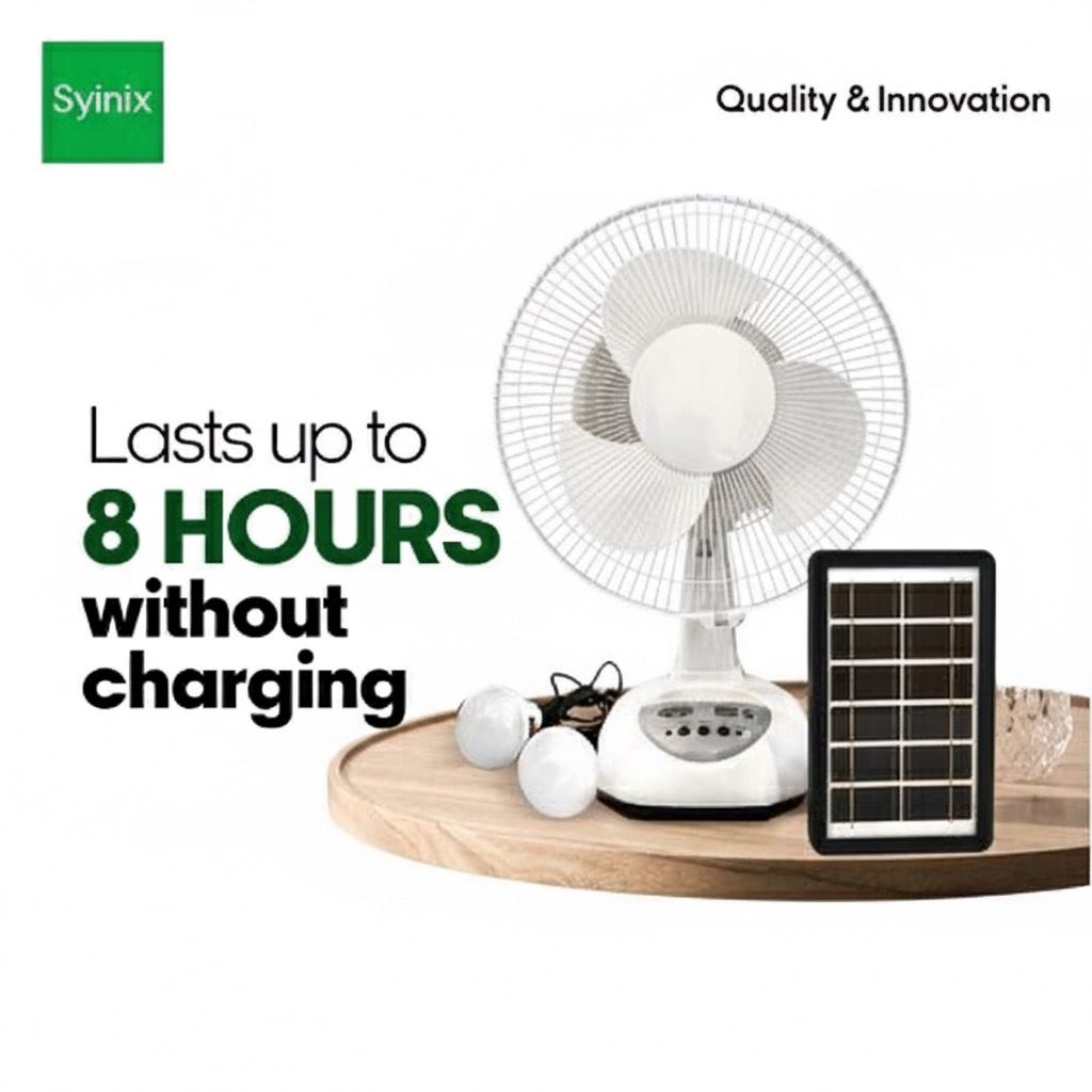 Syinix 12 Inches Rechargeable Fan +Solar Panel +13 Months Warranty