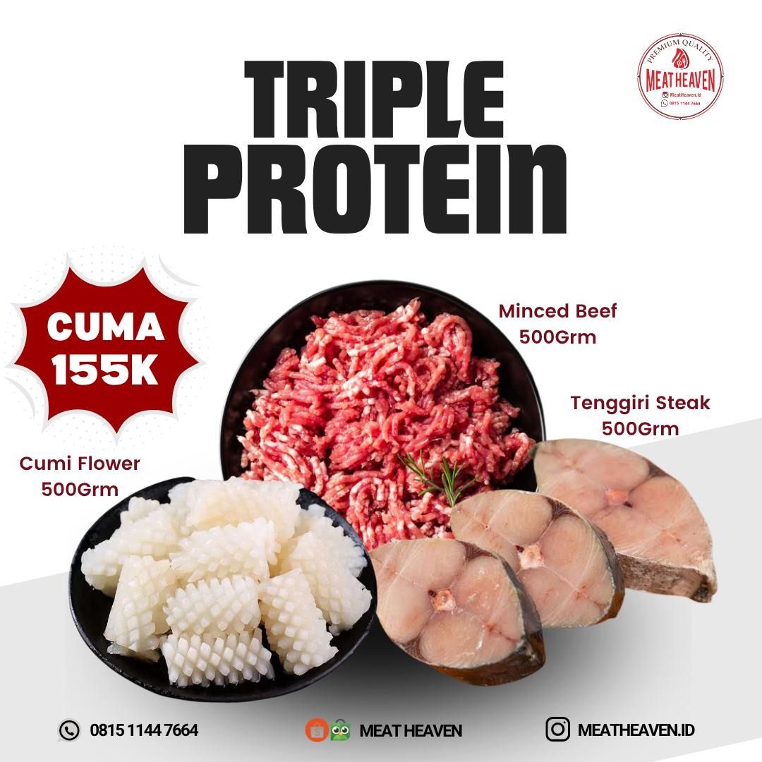 PROMO TRIPLE PROTEIN ( Cumi Flower 500gr +Minced Beef 500gr + Tenggiri 500gr )