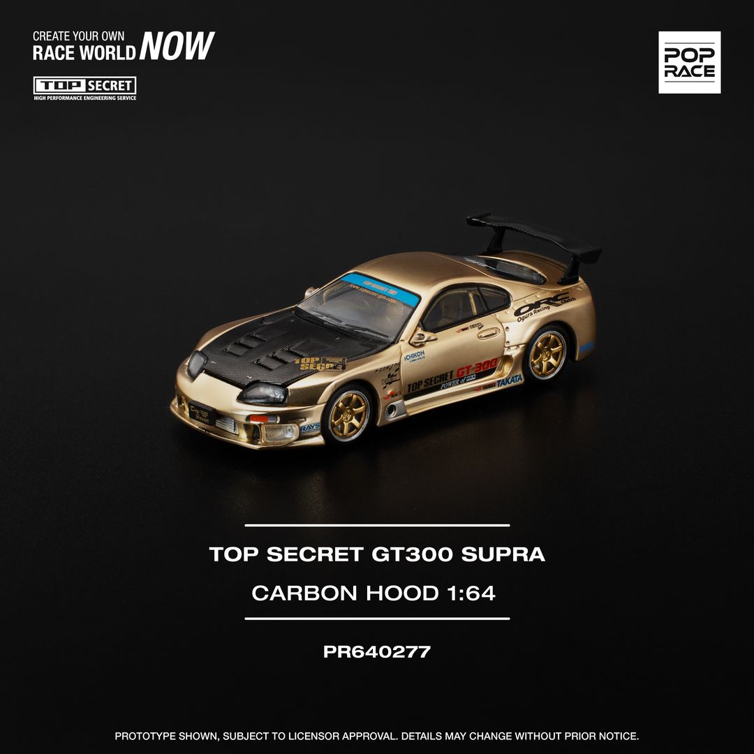 POP RACE MODEL 1/64 SUPRA GT300 TOP SECRET - CHROME GOLD / CARBON HOOD