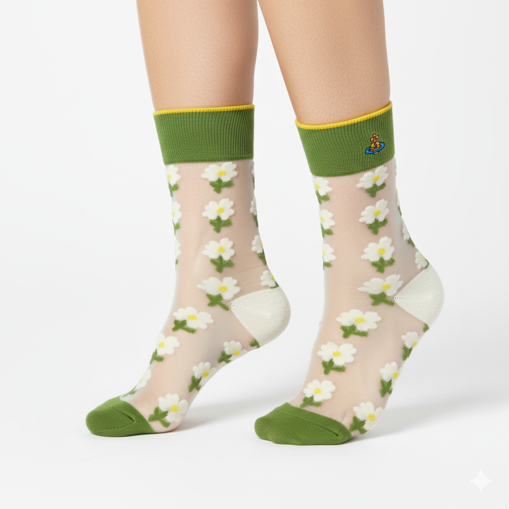 [20008] - 3 Pairs Women’s Sheer High-Cut Crew Socks – Breathable Floral/Love Motifs