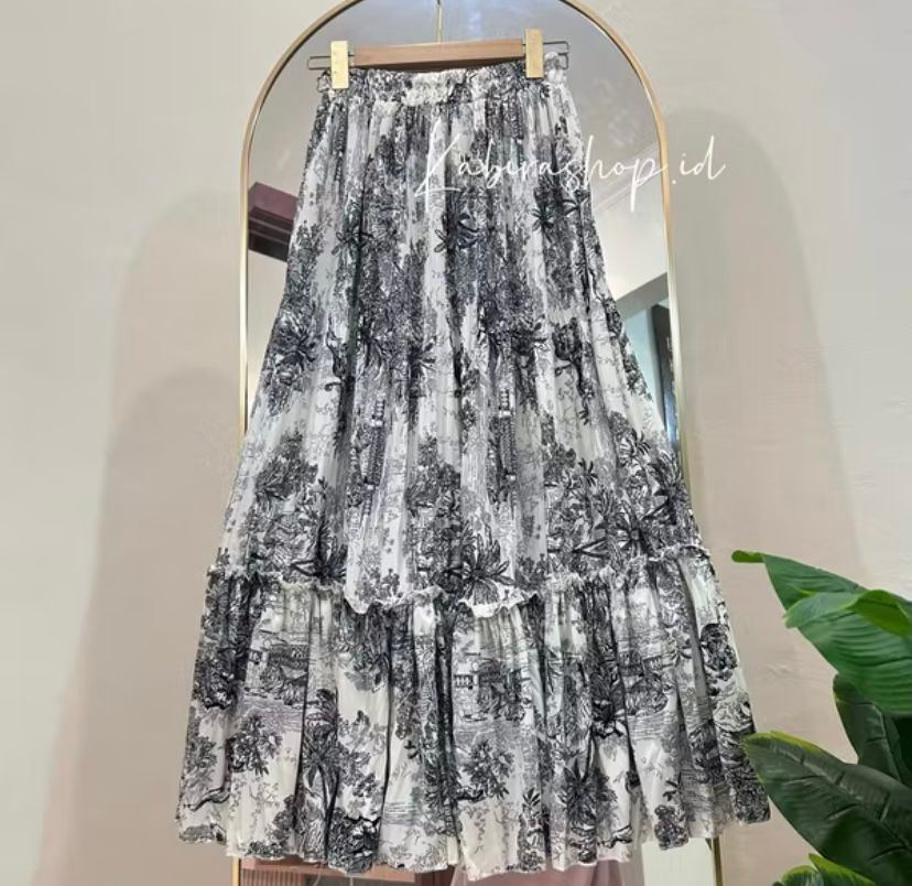 ￼Rok Plisket Tutu Plisket Rempel Motif Bunga Wanita Korea style Long Skirt