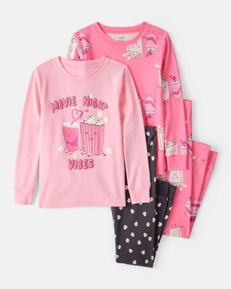 BFCM - Girls Movie Print 100% Cotton Long-Sleeve 4-Piece Pajamas - Black/Pink