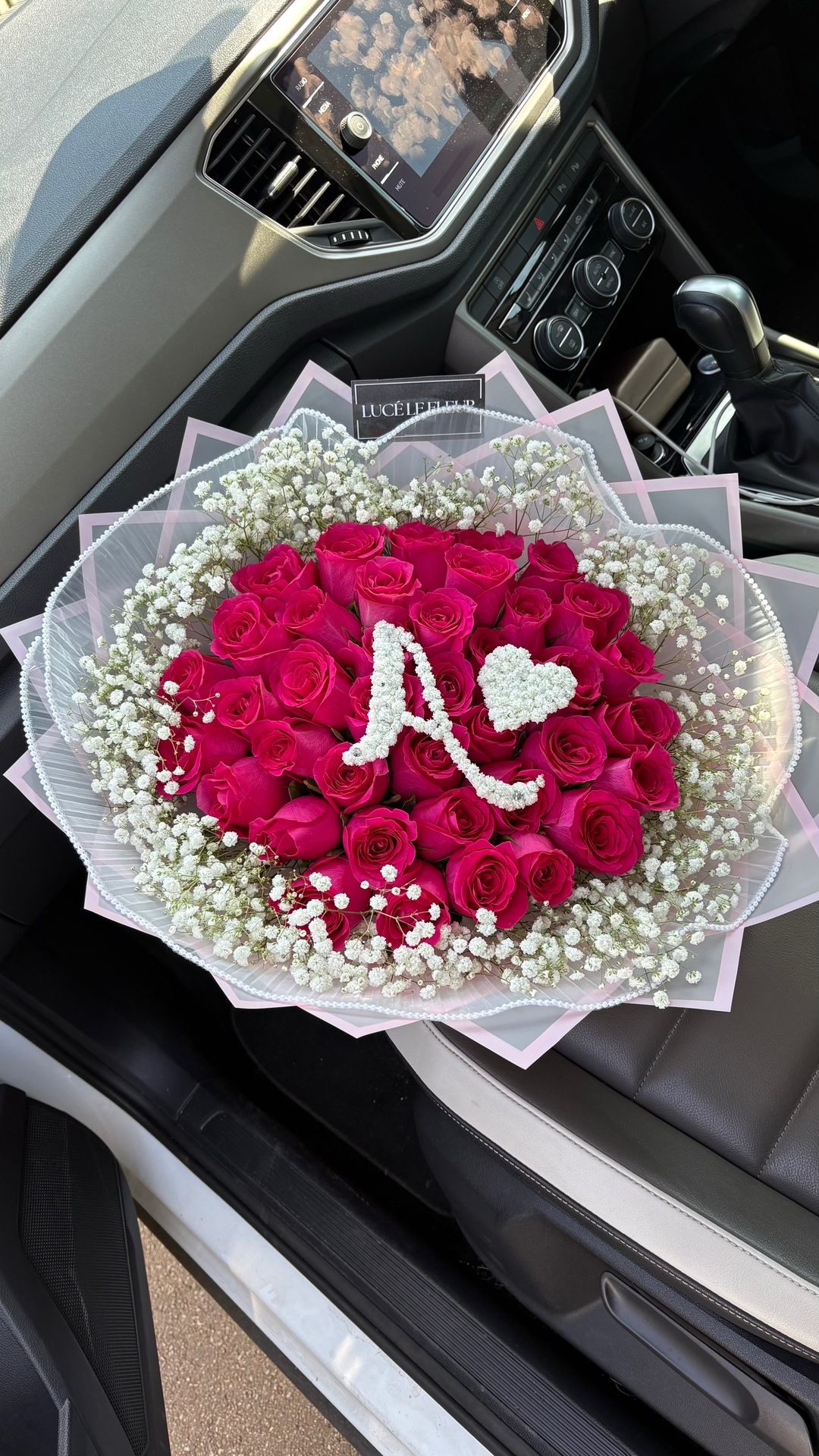 Pink Rose Bouquets With Initial & Baby’s Breath/Gyp 
