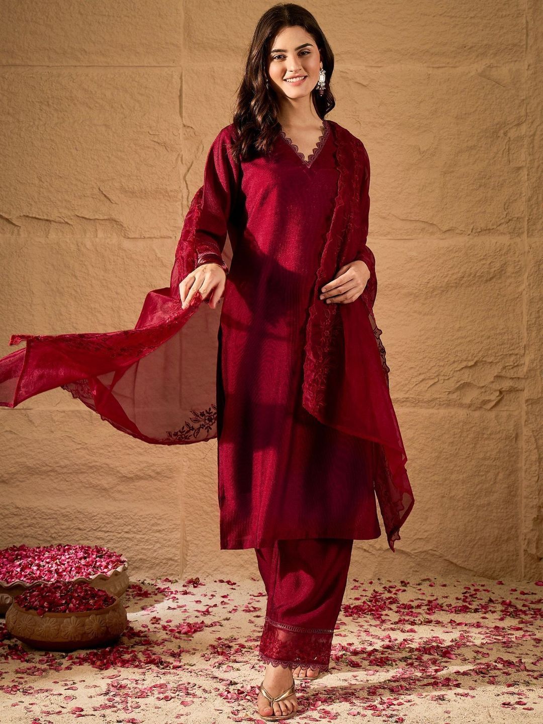 Women Embroidered Straight Kurta With Trousers & Dupatta
