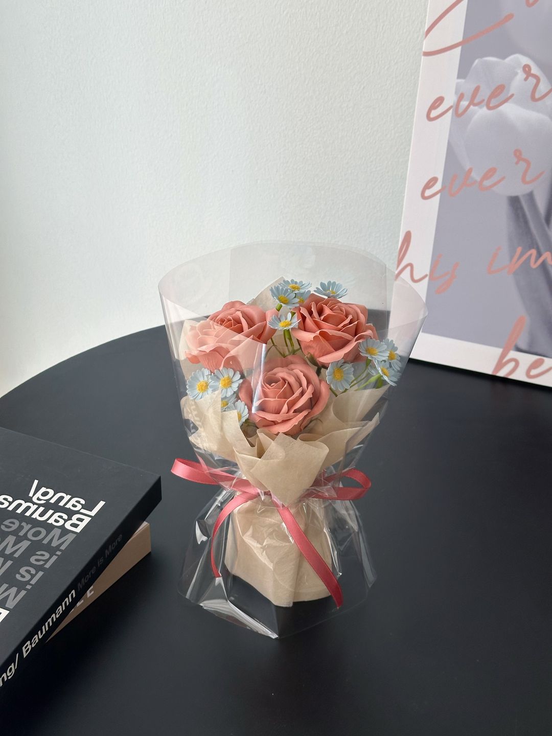 (3R019) 3 Stalk Soap Rose Daisy Bouquet 