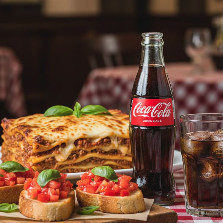 Lasaña + Bruchetta + coca cola + sugar brothers