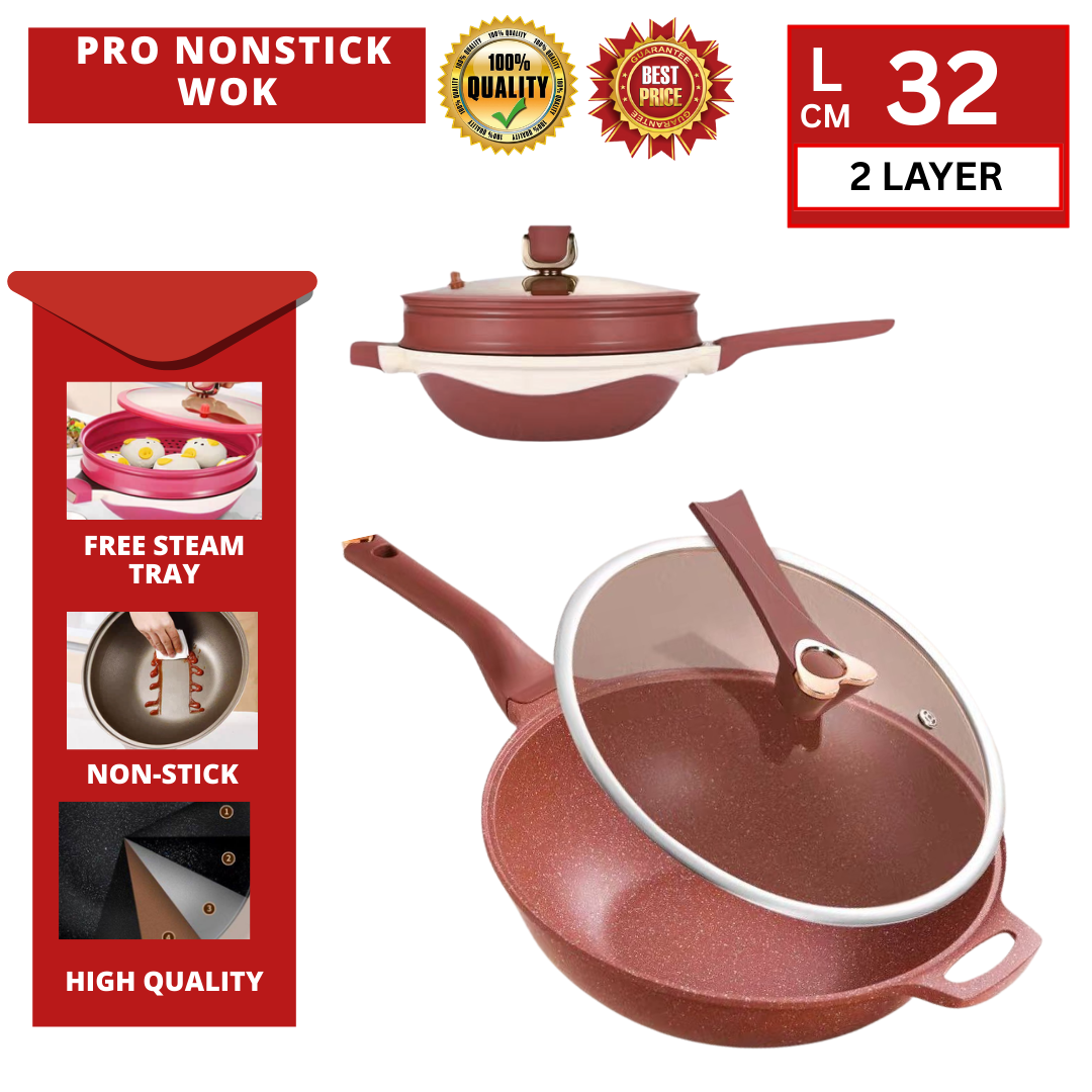 32CM 2LAYER PRO NONSTICK WOK - BROWN