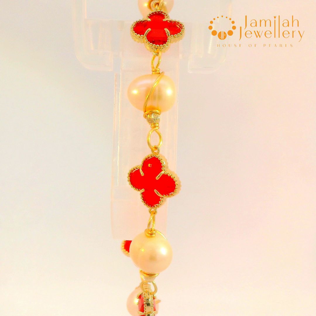 Classic White Pearl Bracelet with Hand-Wrapped Copper K9 Crystal Cherry Red Clover