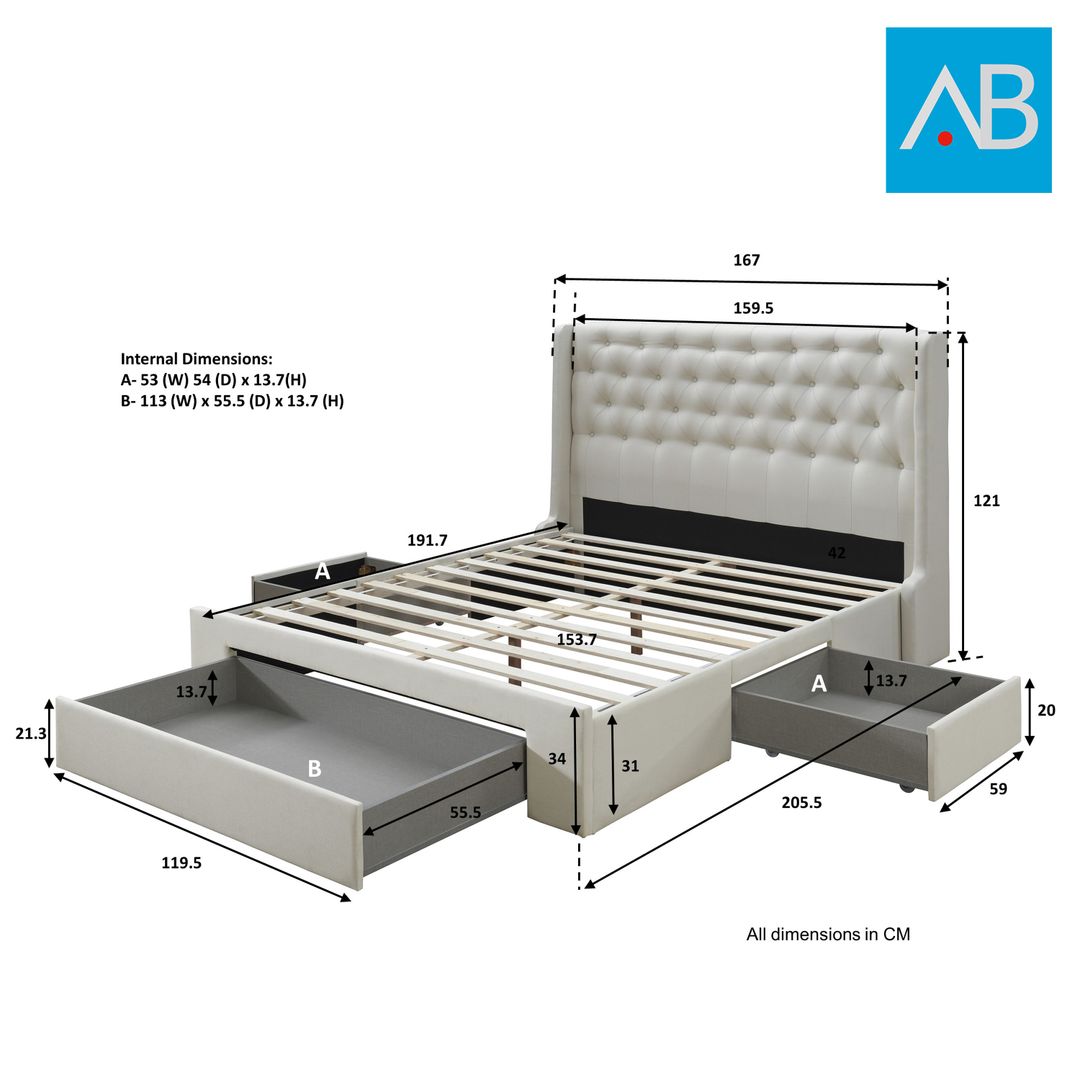 Avelino Queen Storage (Drawer) Bed - available in cream & light grey colour - fits mattress size 152x190cm