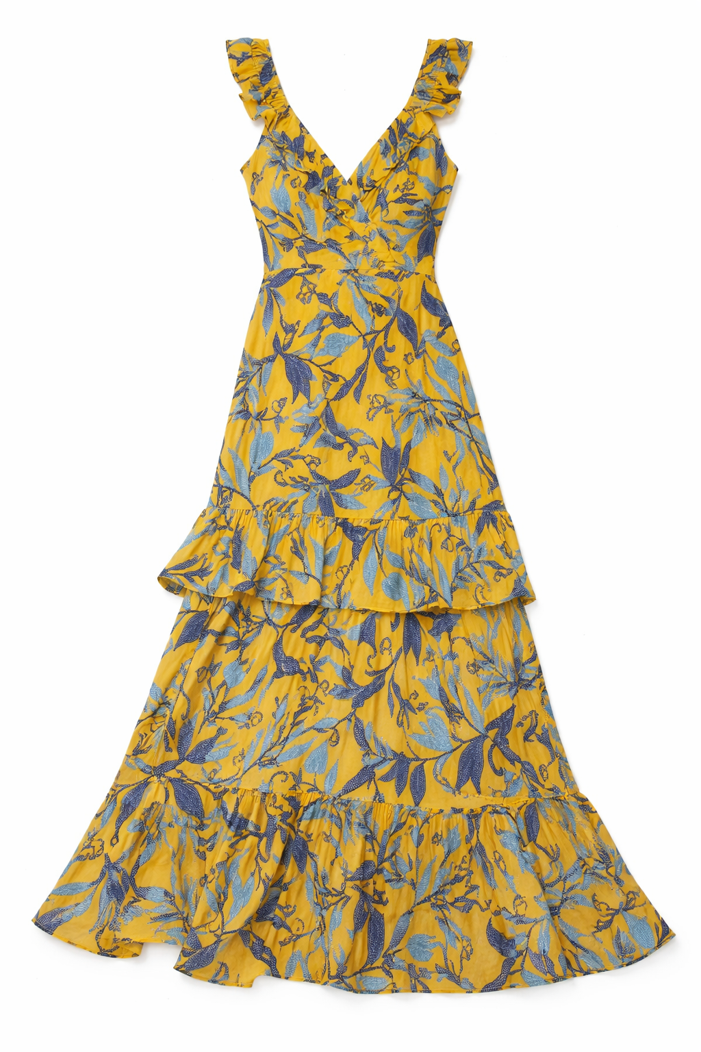 Vestido Largo Amarillo Estampado con Volantes y Escote en V - Size L