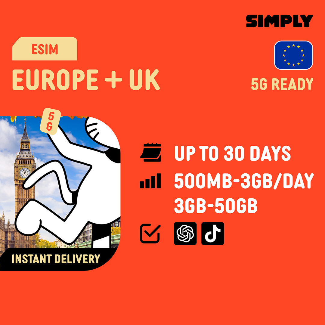 SIMPLY Europe (39 European Country) eSIM | Up to 30 Days - Total 3GB-50GB+ Unlimited Data