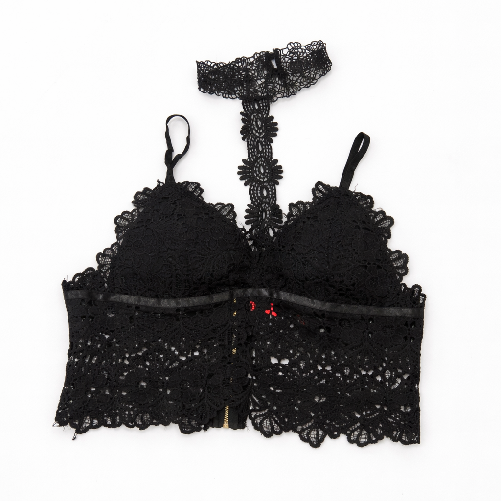 Top Negro de Encaje con Gargantilla y Espalda Decorativa - Size L