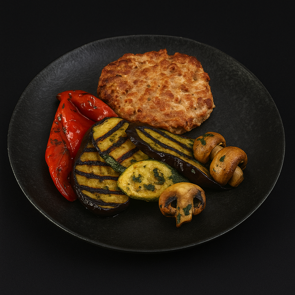 Бифштекс из вырезки свинины с овощами-гриль в соусе песто