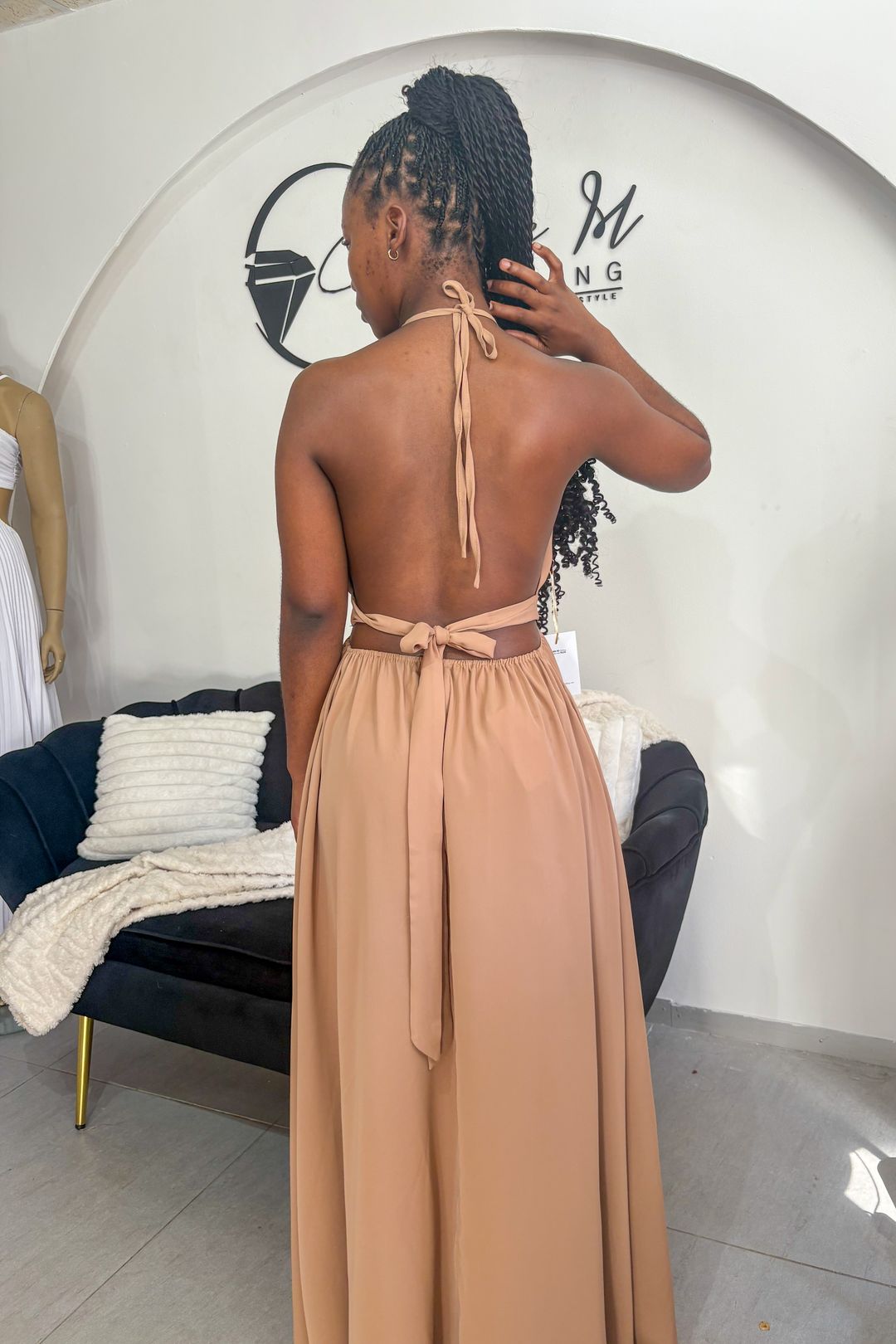 Backless halter maxi