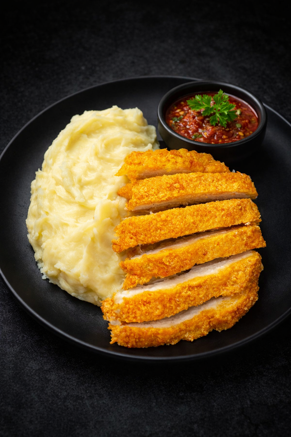 Миланеза с пармезаном с картофельным пюре и красным соусом