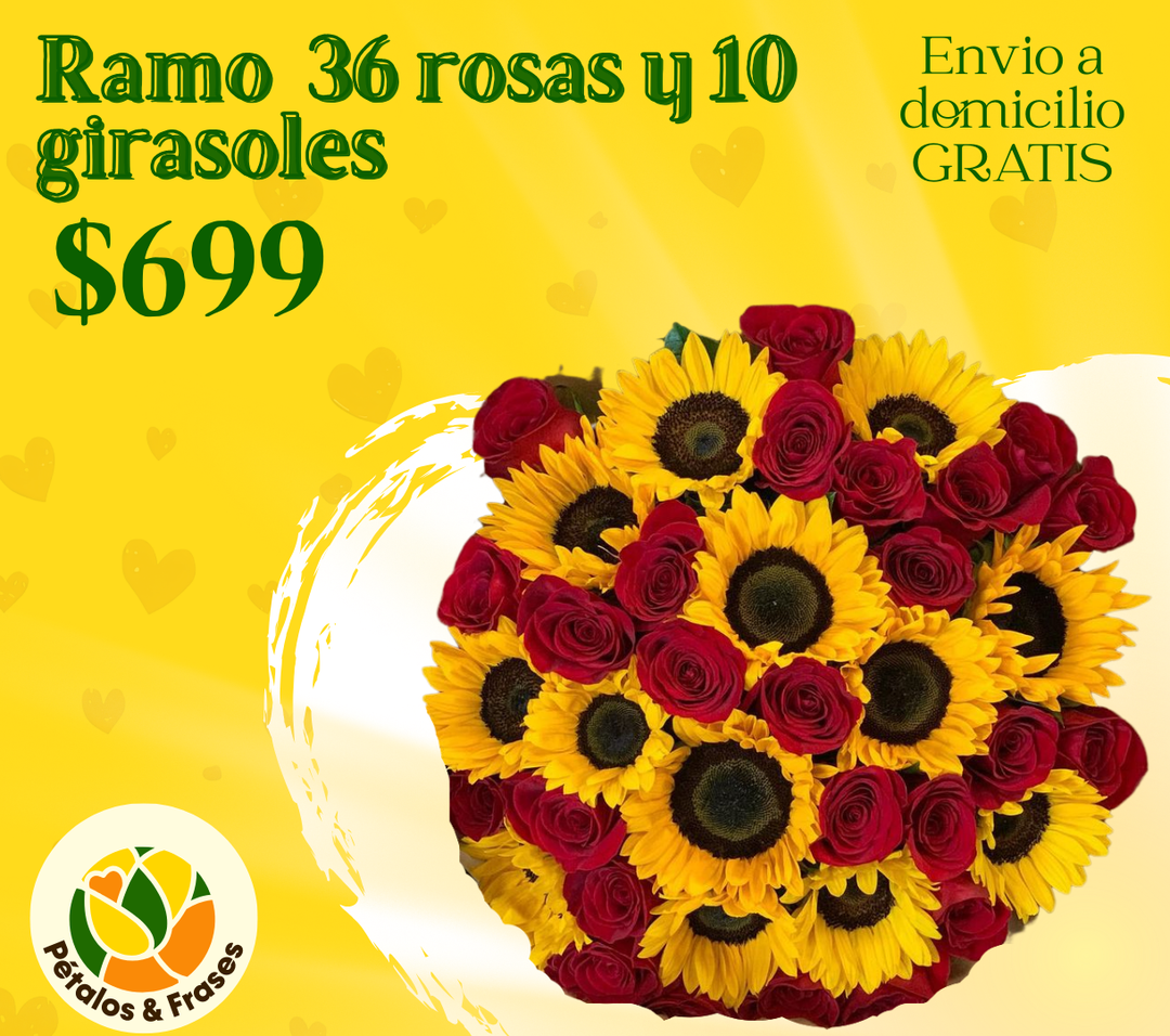 Ramo 36 rosas y 10 girasoles