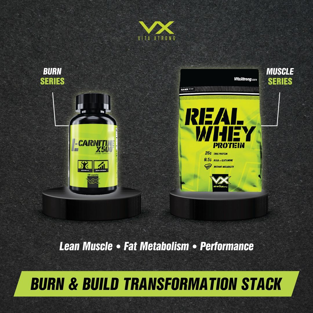 VITAXTRONG™ Burn & Build Transformation Stack | Real Whey 5lb + L-Carnitine | Lean Muscle • Fat Metabolism • Performance