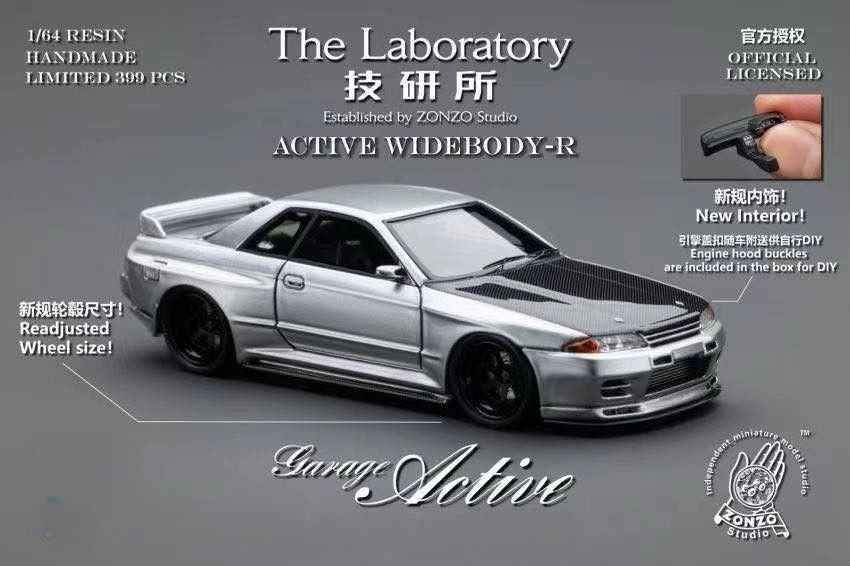 THE LABORATORY ZONZO MODEL 1/64 R32 GARAGE ACTIVE WIDEBODY - TITANIUM SILVER CARBON HOOD